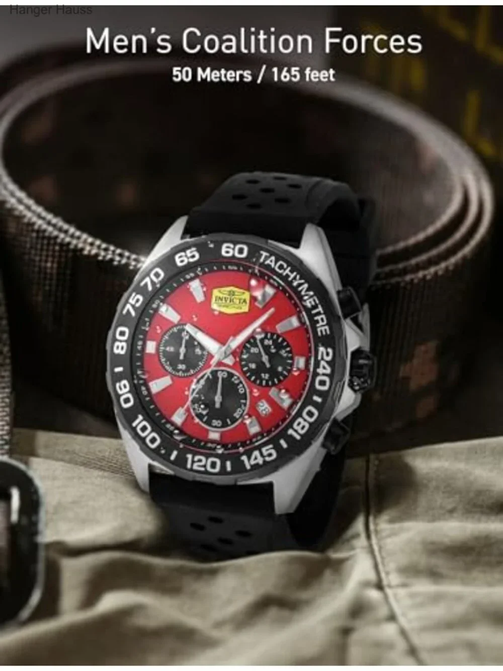Men's 43mm Quartz Chronograph GMT Watch with Red Dial Stainless Steel